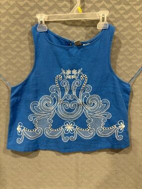 NWT Joie Royal Blue Linen-Blend Ribbed Tank Top w/ white embroidery High Neck